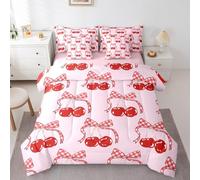 Erosebridal Red Cherry Bow Bed in A Bag Queen Cute Ribbon Bow Tie Bedding for Kids Girls Lattice Grid Butterfly Knot Comforter Set with Sheets, Lovely Cherry Bed in A Bag Romance Bedroom Decor