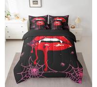 Erosebridal Red Mouth 7 Pieces Bedding Set Gothic Halloween Horror Themed Full Comforter Set with Sheets for Boys Girls Kids Room Decor Bleeding Lips Spider Web Hot Pink Bed in a Bag Bed Set