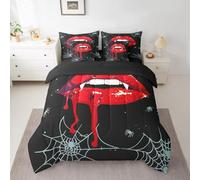 Erosebridal Red Mouth 7 Pieces Bedding Set Gothic Halloween Horror Themed Twin Comforter Set with Sheets for Boys Girls Kids Room Decor Bleeding Lips Spider Web Blue Bed in a Bag Bed Set