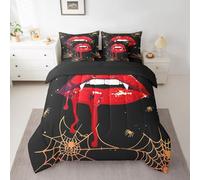 Erosebridal Red Mouth 7 Pieces Bedding Set Gothic Halloween Horror Themed Twin Comforter Set with Sheets for Boys Girls Kids Room Decor Bleeding Lips Spider Web Orange Bed in a Bag Bed Set