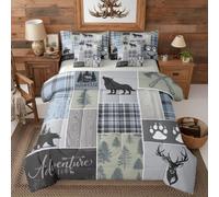 Erosebridal Rustic Bear Patchwork Boys Comforter Set with Sheets Queen Size Checkered Plaid Wolf 7 Piece Bedding Set Woodland Wildlife Deer Pine Trees Bed in A Bag Vintage Lodge Cabin Bed Sets
