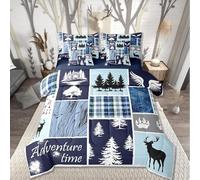 Erosebridal Rustic Hunting Bed in A Bag Queen Comforter Set 7 Piece,Cabin Deer Bedding Sets Farmhouse Country Moose Bear Comforter and Sheets Retro Patchwork Plaid Grid Bed Set,Blue