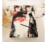 Erosebridal Samurai Fitted Sheet Full Size Dragon Bed Sheets Ukiyo-E Sun Japan Warrior Retro Bedding Set for Kids Teens Adults Ink Painting Hand Drawn Sheets