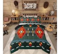 Erosebridal Southwestern Aztec King Comforter Set, Rustic Western Bedding Set, Exotic American Native Bedding Comforter Sets for Boys Teens Men Bedroom, Vintage Bohemian Geometric Quilt, Red Green