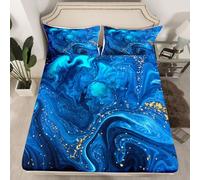 Erosebridal Stone Pattern Fitted Sheet Blue Marble Bottom Sheet Trippy Fluid Liquid Bedding Set for Kid Boy Girl Teen Gypsy Golden Abstract Pattern Top Sheet, Decorative 3 Pcs Full Size