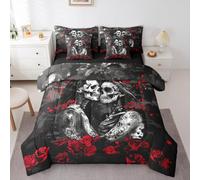Erosebridal Sugar Skull Couple King 7 Piece Bedding Set Goth Romantic Red Rose Comforter Set with Sheets,Gothic White Skeleton Lovers Flower Love Heart Grey Black Bed in a Bag for Halloween Adults