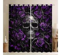 Erosebridal Sugar Skull Curtains, 38"x45", Purple Rose Floral, Gothic Skeleton Blackout, Unisex, Indoor, Modern, Grommet, 2 Panels (Pack of 2), Black with Purple Accents