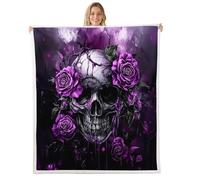 Erosebridal Sugar Skull Queen 90"X90" Throw Blankets for Kids Adults Bed Sofa,Purple Rose Flowers Fleece Blanket Goth Skull Sherpa Blankets Skeleton Bones Floral Flannel Blanket