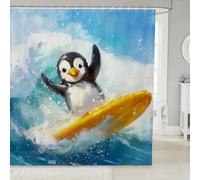 Erosebridal Surfer Penguin Bathroom Decor,Surfboard Surf Shower Curtain Set,Cute Funny Penguin Bathroom Set for Kids Boys Girls,Coastal Beach Surfing Fabric Shower Curtain 72" Wx72 L
