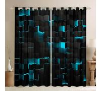 Erosebridal Teal Black 50% Blackout Curtains 42" Wx84 L,Neon Turquoise Geometric Check Window Curtains for Bedroom Living Room Stereoscopic Abstract Grids Window Drapes 2 Panels Gaming Decor