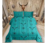 Erosebridal Turquoise Western Queen Size Comforter Set,Southwestern Aztec Cow Skull Bedding Set for Adults Women Men Cowboy Geometric Abstract Arrow Quilt,Boho Native Down Comforter,Teal