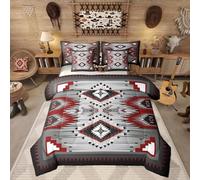 Erosebridal Western Aztec Kids Queen Bedding Set 7 Piece Rustic Farmhouse Bed in A Bag for Boys Teens Adult Ethnic American Native Comforter Set Vintage Southwestern Sheets Bedroom Decor, Grey Red