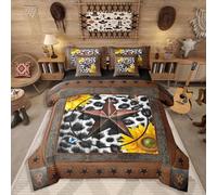 Erosebridal Western Texas Star Bedding Set Queen 7 Piece, Rustic Cowhide Sheet Sets for Kids Teens Adult Room, Cow Print Farm Animal Comforter Set Cowboy Vintage Sunflower Bed in A Bag, Reversible