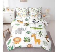 Erosebridal Wild Animals 7 Pieces Bedding Set Safari Animals Twin Comforter Set for Boys Girls Cute Crocodile Lion Bed in A Bag with Flat and Fitted Sheet Cartoon Elephant Giraffe Tropical Bed Set