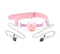 Erotic Leather Head Harness Strap Accessories with Open Mouth Gag Ball Blindfold for Fetish BDSM Bondage Sex Adults Games Toys Pink One Size