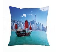ERRTU Throw Pillow Case Pillowcase Square Printed Cushion Cover for Living Room Sofa Couch Bed Car,Asian Ocean Set,Hong Kong Harbour Small Junk Boat with Flag,Purple Blue White,16x16 in