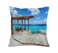 ERRTU Throw Pillow Case Pillowcase Square Printed Cushion Cover for Living Room Sofa Couch Bed Car,Seaside Decor,Wood Deck Next to the Beach,16x16 in