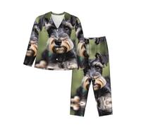 ERSDWRE Adorable Schnauzer Print Women'S Pajama Sets Button Down Pajamas Set Long Sleeve Long Pants Pjs Sets For Women Black
