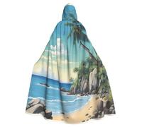 ERSDWRE Palm Tree Rocky Shore Print Halloween Hooded Cloak For Men Women Hooded Cape Robe For Medieval Cloak Costumes Cosplay