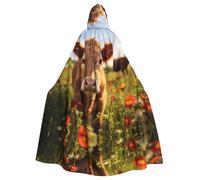 ERSDWRE Red Flower Show Steer Cows Cattle Print Halloween Hooded Cloak For Men Women Hooded Cape Robe For Medieval Cloak Costumes Cosplay