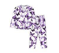 ERSDWRE White Purple Butterflies Print Women'S Pajama Sets Button Down Pajamas Set Long Sleeve Long Pants Pjs Sets For Women