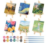 ErShiPing 6 Pack Mini Canvas and Easel Set,(10 x 10cm) | Small Canvases for Painting,Blank Canvases for Art Boards,Inclu 6 Table Top Wooden Easels, 4 Paintbrush, 2 Set Color Paints