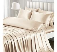 Ersmak 7 Pieces Satin Sheets Set California King Size, Luxury Silky Beige Satin Bed Sheets Set with 1 Deep Pocket Fitted Sheet, 1 Soft Flat Sheet, 4 King Pillowcases and 1 Body Pillowcase