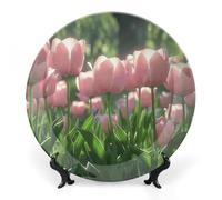 ERSTSNCK - 10" Blooming Peach Tulips Ceramic Decorative Plate Bone China Wall Hanging Boho Dinner Plate with Stand for Decor