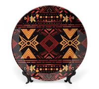 ERSTSNCK - 10" Brown and Red Tribal Pattern Ceramic Decorative Plaque Porcelain Bone Wall Hanging Boho Dinner Plates with Holder
