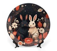 ERSTSNCK - 10" Cartoon Rabbit Ceramic Couples Decorative Plate Bone China Wall Hanging Boho Dinner Plates with Stand for Decor