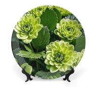 ERSTSNCK - 10 Inch Green Floral Ceramic Decorative Plate Porcelain Bone Wall Hanging Boho Dinner Plate with Cabinet Stand for Wall Decor