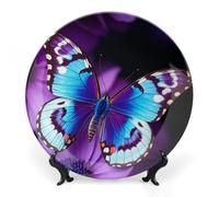 ERSTSNCK - 10 Inch Purple Blue Butterfly Ceramic Decorative Plate Porcelain Bone Wall Hanging Plate Boho Style Dinner Plate with Cabinet Stand for