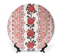 ERSTSNCK - 10 Inch Ukrainian Embroidered Pink Ceramic Decorative Plate Porcelain Bone Wall Hanging Boho Dinner Plate with Holder