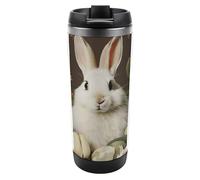 ERSTSNCK 13oz Vacuum Insulated Tumbler - A Beautiful White Rabbit Leak Proof Travel Mug with Handle, BPA-Free Stainless Steel Coffee Cup, Keeps Hot 6hrs Cold 12hrs