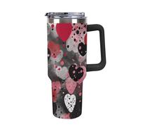 ERSTSNCK 40 Oz Tumbler with Handle And Straw Black Polka Dot Heart Leak Resistant Tumblers Reusable Stainless Steel Travel Mug Fits in Cup Holder Vacuum Insulated Water Bottle for Women Men