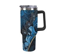 ERSTSNCK 40 Oz Tumbler with Handle And Straw Blue And Black Pattern Leak Resistant Tumblers Reusable Stainless Steel Travel Mug Fits in Cup Holder Vacuum Insulated Water Bottle for Women Men