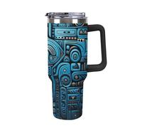 ERSTSNCK 40 Oz Tumbler with Handle And Straw Blue And Black Tribal Pattern Leak Resistant Tumblers Reusable Stainless Steel Travel Mug Fits in Cup Holder Vacuum Insulated Water Bottle for Women Men