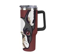 ERSTSNCK 40 Oz Tumbler with Handle And Straw Cartoon Boston Terrier Face Leak Resistant Tumblers Reusable Stainless Steel Travel Mug Fits in Cup Holder Vacuum Insulated Water Bottle for Women Men