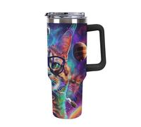ERSTSNCK 40 Oz Tumbler with Handle And Straw Cat Wearing Glasses Leak Resistant Tumblers Reusable Stainless Steel Travel Mug Fits in Cup Holder Vacuum Insulated Water Bottle for Women Men