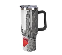 ERSTSNCK 40 Oz Tumbler with Handle And Straw Eiffel Tower Paris Red Umbrella Leak Resistant Tumblers Reusable Stainless Steel Travel Mug Fits in Cup Holder Vacuum Insulated Water Bottle for Women Men