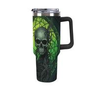 ERSTSNCK 40 Oz Tumbler with Handle And Straw Horrifying Green Skull Leak Resistant Tumblers Reusable Stainless Steel Travel Mug Fits in Cup Holder Vacuum Insulated Water Bottle for Women Men
