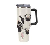 ERSTSNCK 40 Oz Tumbler with Handle And Straw Line Pug Leak Resistant Tumblers Reusable Stainless Steel Travel Mug Fits in Cup Holder Vacuum Insulated Water Bottle for Women Men