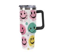ERSTSNCK 40 Oz Tumbler with Handle And Straw Pastel Color Happy Face Leak Resistant Tumblers Reusable Stainless Steel Travel Mug Fits in Cup Holder Vacuum Insulated Water Bottle for Women Men