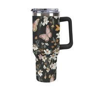 ERSTSNCK 40 Oz Tumbler with Handle And Straw Various Butterflies And Daisies Leak Resistant Tumblers Reusable Stainless Steel Travel Mug Fits in Cup Holder Vacuum Insulated Water Bottle for Women Men