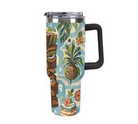 ERSTSNCK 40 Oz Tumbler with Handle And Straw Vintage Aloha Tiki Pattern Leak Resistant Tumblers Reusable Stainless Steel Travel Mug Fits in Cup Holder Vacuum Insulated Water Bottle for Women Men
