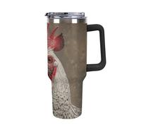 ERSTSNCK 40 Oz Tumbler with Handle And Straw White Feather Rooster Leak Resistant Tumblers Reusable Stainless Steel Travel Mug Fits in Cup Holder Vacuum Insulated Water Bottle for Women Men