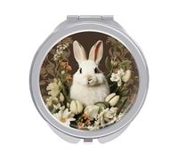 ERSTSNCK A Beautiful White Rabbit Compact Mirror for Purse, Double-Sided 1x/2x Magnifying Metal Pocket Makeup Mirrors, Folding Mini Vanity Mirror, Handheld Round Travel Cosmetic Mirrors for Women