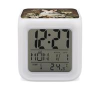 ERSTSNCK A Beautiful White Rabbit Night Light Alarm Clock LED Display Alarms for Bedroom Smart Digital Alarm Clock Wtih 7 Colorful Ambient Lights Sleep Timer for Heavy Sleepers Simple Operation