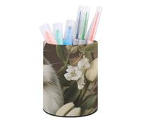 ERSTSNCK A Beautiful White Rabbit Pen Holder, Pencil Holder Desktop Stationery Organizer Round Leather Pencil Cup Makeup Brush Storage Box for Office Home And Stationary Supplies