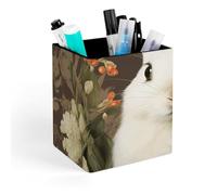 ERSTSNCK A Beautiful White Rabbit Pen Holder, Pencil Holder Desktop Stationery Organizer Square Leather Pencil Cup Makeup Brush Storage Box for Office Home And Stationary Supplies